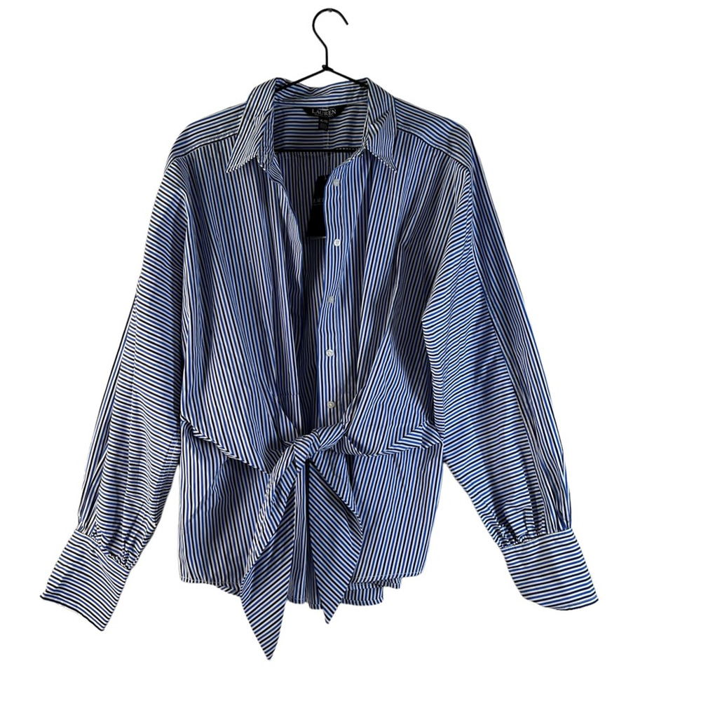 Lauren Ralph Lauren Black Label Womens Button Up Shirt White Blue Striped XL New